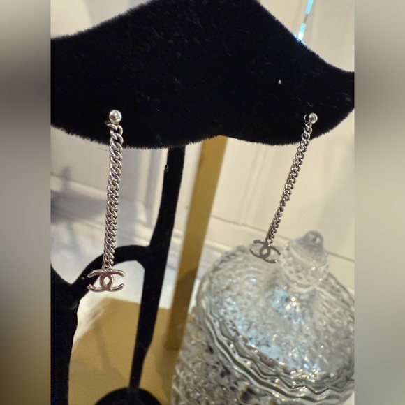 Chanel Silver CC Drop Pierced Earrings - Picture 2 of 5